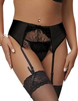 comeondear Damen Strapsgürtel Spitze Strumpfgürtel mit G-String 4 Strapse Dessous Reizvolle Strumpfhalter Garter Belt Große Größen(XL,Schwarz) von comeondear