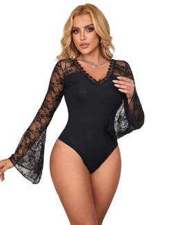 comeondear Elegant Body Damen Sexy Langarm Spitze Offener Schritt mit Knöpfe Sheer Mesh Bodysuit Große Größen Outfit Slim fit Oberteil Blusebody Tops Langarmshirt Jumpsuit(F-Schwarz,M) von comeondear