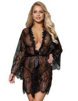 comeondear Kimono Damen Spitze Morgenmantel Kurz Lace Robe Hausmantel Bademantel Nachtmantel Schlafmantel Große Größen mit Gürtel G-String(Schwarz,3XL-4XL) von comeondear