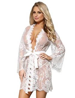 comeondear Kimono Damen Spitze Morgenmantel Kurz Lace Robe Hausmantel Bademantel Nachtmantel Schlafmantel Große Größen mit Gürtel G-String(Weiß,3XL-4XL) von comeondear