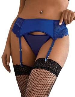 comeondear Kunstleder Strapsgürtel Damen Sexy Breit Große Größen Strapsen Dessous Set Spitze Strumpfgürtel mit 4 Halter Clip Strumpfband Hosenträger Strumpfhalter mit G-String Garter Belt Blau,XL-XXL von comeondear