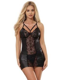 comeondear Lederkleid Damen Spitze Kleider Sexy Partykleid Wetlook Minikleid Kunstleder Dessous Set mit G-String Tanga Clubwear Große Größen Reizwäsche (Schwarz E XS-S/36-38) von comeondear