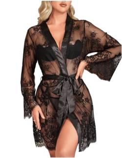 comeondear Morgenmantel Kimono Spitze Dessous Set langarm Nachthemd mit Gürtel Robe Nachtmantel Babydoll Mesh Bademantel mit String Tanga Große Größen Reizwäsche (Schwarz 3XL-4XL/48-50) von comeondear