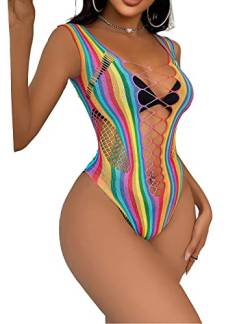 comeondear Regenbogen Body für Frauen Fischnetz Dessous Reizwäsche Lingerie Ärmellos Clubwear Rückenfrei Negligee Große Größen Unterwäsche RegenbogenB L-XXL von comeondear