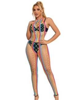 comeondear Regenbogen Bodystocking Damen Spitze Bikini Cover Up Fischnetz Kleid Rainbow Swimsuit Mesh Große Größen Netzkleider Bikini Cover Up Langarm Negeligee Minikleid für Strand(Regenbogen B,XS-M) von comeondear