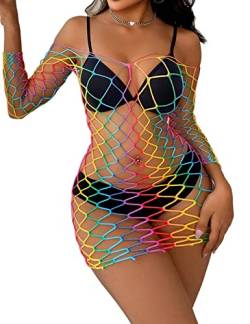 comeondear Regenbogen Bodystocking Damen Spitze Bikini Cover Up Fischnetz Kleid Rainbow Swimsuit Mesh Große Größen Netzkleider Langarm Negeligee Minikleid für Strand(Regenbogen,XS-M) von comeondear