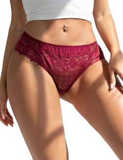 comeondear Rot Pantys Damen Spitze High Waist Sexy Große Größen Sexy Tangas für Frauen String Erotisch Höschen Unterhosen Elastische Unterwäsche Nahtlos Elegante Slips Hipster Thongs Rot,3XL-4XL von comeondear