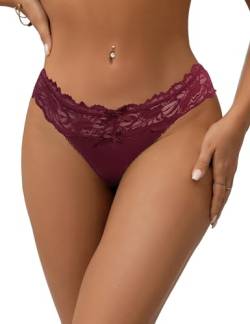 comeondear Rot String Tanga Damen Spitze Hipster Slips Mittel Taille Atmungsaktive Panty Thong Antibakteriell Strings Tangas Unterhose Höschen Reizwäsche Unterwäsche(Rot,XS-S) von comeondear