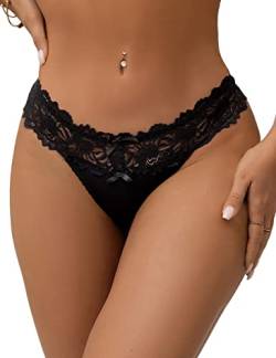 comeondear Schwarz String Tanga Damen Sexy Thong Spitze Hipster Slips Mittel Taille Atmungsaktive Panty Antibakteriell Strings Tangas Unterhose Höschen Reizwäsche Unterwäsche(Schwarz,XS-S) von comeondear