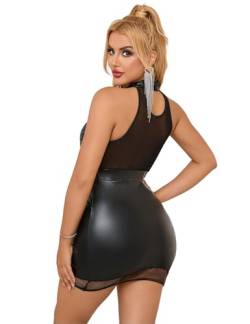 comeondear Sexy Lederkleid Damen Wetlook Kleid Große Größen Neckholder Rückenfreie Kurz Minikleid Eng Bodycon Partykleider Clubwear Reizwäsche Dessous Cocktailkleid Schwarz(Schwarz C,M-L) von comeondear