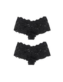 comeondear Slips 2er Pack Hipster Panties Floralen Spitze Unterwäsche Höschen Brasilien Tanga String Große Größen Unterhosen （Schwarz 2XL/46 von comeondear