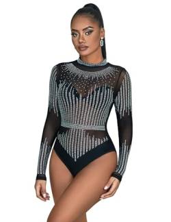 comeondear Spitzenbody Damen Strass Langarm Body Sexy Spitze Große Größe Elegant Bluse Bodysuit Women Übergröße Oberteile Jumpsuit Top unter mit Knöpfe(Schwarz,XXL) von comeondear