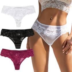 comeondear String Tanga Damen Sexy Dessous Spitzen Große Größen Höschen Elastische Unterwäsche für Frauen Nahtlose Unterhosen Elegante Slips Hipster Thongs Pantys Schwarz+Weiß+Rot,XS-S von comeondear