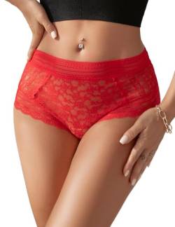 comeondear Unterhosen Damen mit Spitze Tanga Sexy Panty DessousHohe Taille Große Größen Höschen für Frauen Blumen String Tolle Damenunterwäsche(Rot M-L/40-42) von comeondear