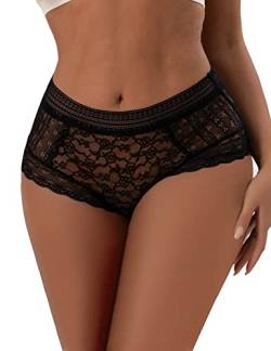 comeondear Unterhosen Damen mit Spitze Tanga Sexy Panty DessousHohe Taille Große Größen Höschen für Frauen Blumen String Tolle Damenunterwäsche(Schwarz XL-XXL/44-46) von comeondear