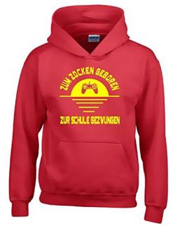 ZUM ZOCKEN GEBOREN - ZUR Schule GEZWUNGEN ! Hoodie Sweatshirt mit Kapuze rot-gelb Gr.164 cm von coole-fun-t-shirts