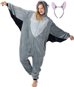 corimori Flauschiges Fledermaus-Kostüm für Erwachsene mit Haarreif | Halloween Kostüm Onesie für Damen, Herren | Körpergröße 160-170cm von corimori