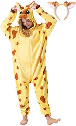 corimori Flauschiges Giraffen-Kostüm für Erwachsene mit Haarreif | Karneval Kostüm Onesie für Damen, Herren | Körpergröße 160-170cm von corimori