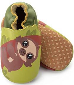 corimori Marken Echt-Leder Baby Krabbelschuhe, rutschfest | Lauflernschuhe Lederschuhe Barfußschuhe | Henry das Faultier (grün-Kombi) | 0-6 Monate von corimori