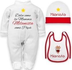 Lustiger Baby-Body, Papa, Milanista, Milanista Strampler Mütze Lätzchen Set, 6-9 Monate von corredino neonato