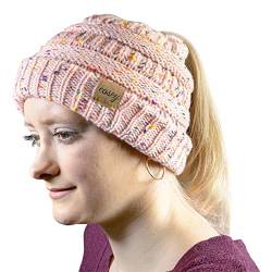 cosey - Strick Wintermütze – Pferdeschwanz-Mütze mit Zopfloch für Damen und Mädchen - Gesprenkelt Rosa von cosey