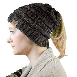 cosey - Strick Wintermütze – Pferdeschwanz-Mütze mit Zopfloch für Damen und Mädchen - Gesprenkelt Schwarz von cosey