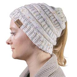 cosey - Strick Wintermütze – Pferdeschwanz-Mütze mit Zopfloch für Damen und Mädchen - Weiß von cosey