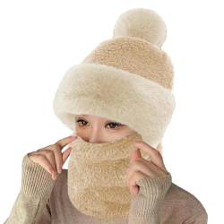 crazy bean Winter Mütze Schal Set Damen Warme Winddichte Balaclava Fleecefutter 2 in 1 Wintermütze mit Bommel Outdoor Radfahren Skifahren(Beige) von crazy bean