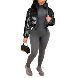 crazynekos Damen Metallic Glänzend Cropped Steppjacke Puffer Jacke - Reißverschluss Gepolsterter Daunenmantel, Schwarz , 42 von crazynekos