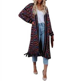 crazynekos Damen-Strickjacke, Boho-Stil, vorne offen, Fransen und Quasten, Azteken-Maxi-Strickjacke, violett, L von crazynekos