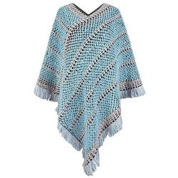 crazynekos Strickponcho für Damen, Poncho mit Fransen, Capelet, V-Ausschnitt, Pullover, Umhang, blau, One size von crazynekos