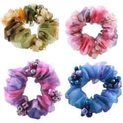 4 Stück Glitzerkristalle Blumen-Haargummis für Frauen, große dehnbare Seiden-elastische Haargummis, glitzernde Perlen, Pferdeschwanz-Halter, florale Stirnbänder, ausgefallenes dekoratives Zubehör für von cuhair