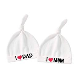 culbutomind Baby Twins Babymütze für Neugeborene, Junge und Mädchen, Aufschrift "I Love Mom Dad", personalisierbar Gr. Medium, Weiß, Love Mom, zwei Hut von culbutomind