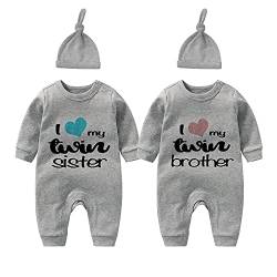 culbutomind Baby Zwillinge Strampler Body Junge Mädchen Zwillingsschwester Baby Strampler Jungen Mädchen 2er Set Und Hut(Grau Zwillingsschwester 3m) von culbutomind