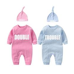 culbutomind baby Zwillinge Baby Bodys Doppel Ärger süßes Outfit mit Hut Baby Pyjamas Zwillinge Geschenk(Pulverblau 3M) von culbutomind