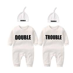 culbutomind baby Zwillinge Baby Bodys Doppel Ärger süßes Outfit mit Hut Baby Pyjamas Zwillinge Geschenk(Weiß 3M) von culbutomind