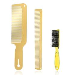 cutecool 3-teiliges Metallkamm- und Haarbürsten-Set, ausgestattet mit Edelstahl-Flat-Top-Kamm für feine Formung, Schneidkamm, Haarreinigungsbürste (Gold) von cutecool