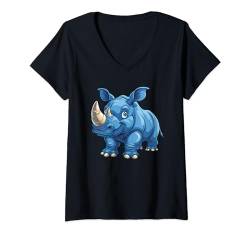 Damen Niedliches blaues Anime Baby Nashorn lächelnd Safari Zoo Tierkunst T-Shirt mit V-Ausschnitt von cutesy creation co.