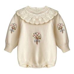 dPois Baby Mädchen Pullover Strickpullover Baumwolle Sweater Oberteil mit Volant Kragen Blumen Muster Kleinkind Herbst Winter Outfit Champagner 86-92 von dPois