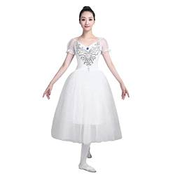 dPois Damen Ballettanzug Tutu Ballettkleid Trikot Leotard Kleider Kurzarm Tanzkleid Lang V-Ausschnitt Elegant Schwanz Ballerina Kostüm Ballettkleidung Weiß L von dPois