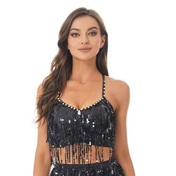 dPois Damen Bauchtanz Oberteil Kostüm Sexy Crop Top Tanktops V-Ausschnitt Tops BH mit Pailletten Fransen Quasten Ärmellos Glitzer Tanzkleidung Schwarz XL von dPois