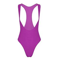 dPois Damen Brustfrei Bodysuit Ärmellos Body Badeanzug mit Hohem Beinausschnitt Stringbody Reizwäsche Unterwäsche Elastisch Dunkel Violett Medium von dPois