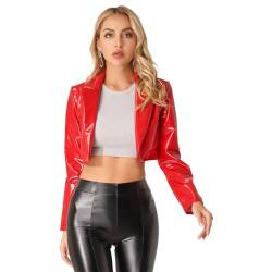 dPois Damen Glänzende Jacke Kurz Mantel Bolero Lack Leder Bikerjacke Offen mit Reverskragen Gothic Punk Clubwear Rot L von dPois