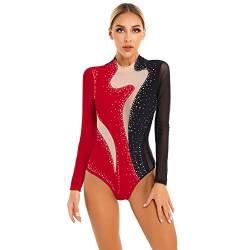 dPois Damen Gymnastikanzug Langarm Eiskunstlauf Body Einteiler Loetard mit Strass Turnbody Eislaufen Bofysuit Elegant Wettbewerb Kostüm Schwarz&Rot XXL von dPois