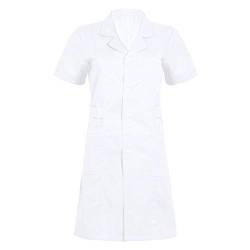 dPois Damen Krankenschwester Kleid Medizinische Pflegerin Uniform Baumwolle Kurzarm mit seitlichen Taschen Arztin Labor Kittel Arbeitskleidung Weiß Large von dPois