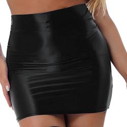 dPois Damen Minirock Sexy Kurz Eng Bodycon Rock Nylon Bleistiftrock Stretch High Waist Glänzend Partyrock Einfarbig Party Gogo Clubwear Schwarz XL von dPois