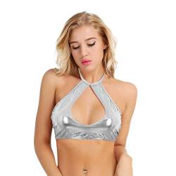 dPois Damen Neckholder Tanktops Oberteil Glänzend Crop Top Mit Tiefem O-Ausschnitt Rückenfrei Bustier Bauchfrei für Club Party Tanz Silber One Size von dPois