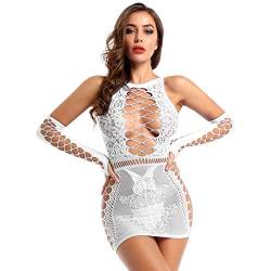 dPois Damen Netz Minikleid Bodystocking Kleid Sexy Transparent Babydoll Nachthemd mit Ärmeln Ouvert Dessous Erotik Nachtwäsche Reizwäsche Weiß OneSize von dPois