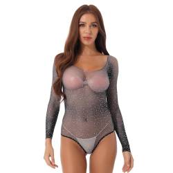 dPois Damen Netzbody Einteiler Bodysuit Langarm Stringbody Sexy Unterhemd Shirt Transparent mit Strass Unterwäsche Lingerie Babydoll Erotik Schwarz_B OneSize von dPois