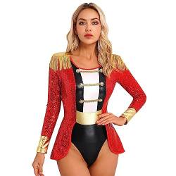 dPois Damen Sexy Bodysuit Zirkus Kostüm Einteiler Body Trikot Pailletten Lackleder Trikot mit Quasten Schulterstück Fasching Karneval Halloween Kostüm Rot I M von dPois